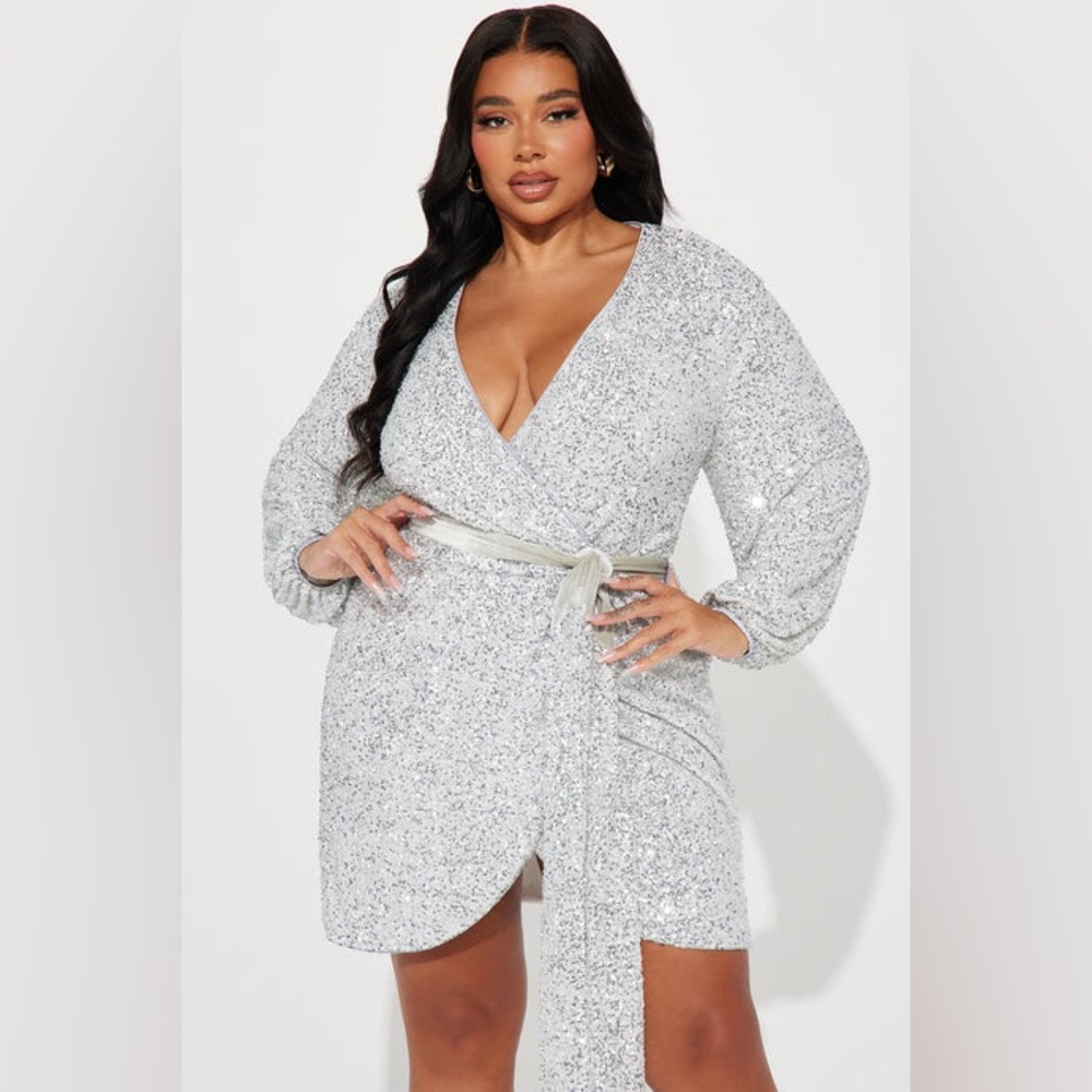 Fashion Nova Wrap It Up Sequin Mini Dress - Silver